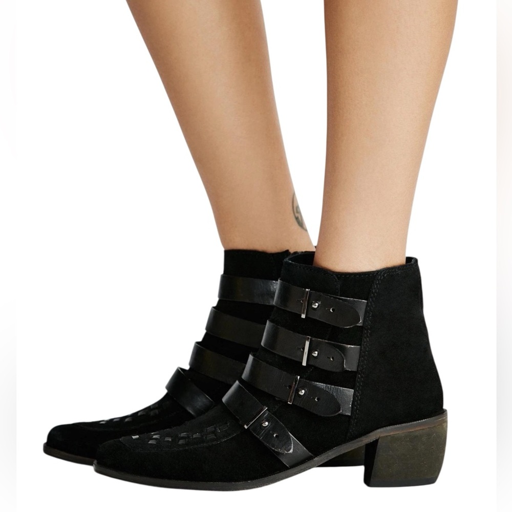 Free People Black Suede Ranger Ankle Boots Leather Straps